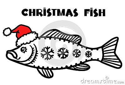 Christmas fish in Santa hat. Winter fishing symbol isolated on white for New Year holiday Vector Illustration