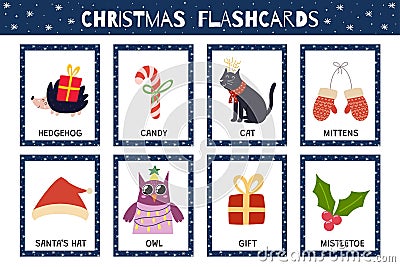 Christmas flashcards collection for kids. Flash cards set with cute winter characters Vector Illustration