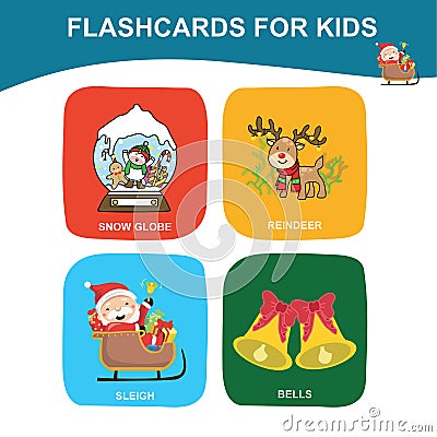 Printable Christmas flashcards for toddlers. Introducing Christmas items to children Cartoon Illustration