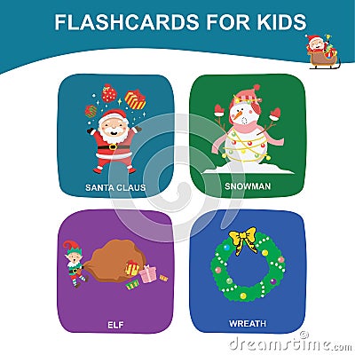 Printable Christmas flashcards for toddlers. Introducing Christmas items to children Cartoon Illustration