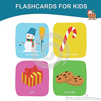 Christmas flashcards for toddlers. Introducing christmas items to children Cartoon Illustration