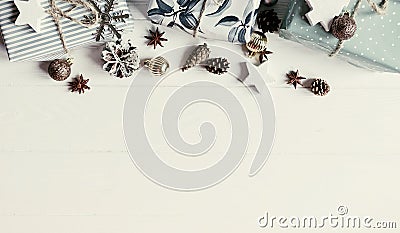 Christmas flat lay. modern christmas layout with ornaments and g Stock Photo
