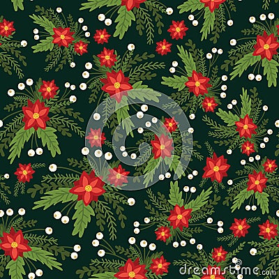 Christmas flowers red Poinsettia seamless vector pattern. Flat Scandinavian style abstract florals and leaves background Vector Illustration