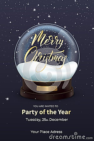 Christmas flyer. Winter Holiday design with realistic snow globe and Merry Christmas calligraphy Vector Illustration