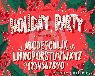 Christmas font. Holiday typography alphabet with festive illustrations and season wishes Vector Illustration