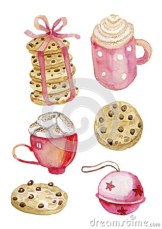 Christmas food cocoa cookies gifts sweets at the fair watercolor by hand set of isolated elements Stock Photo