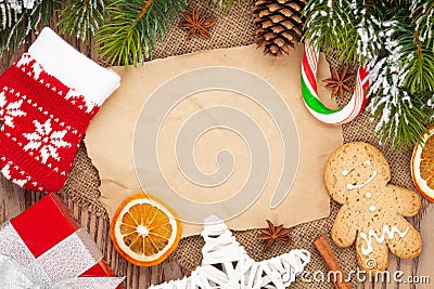 Christmas food and decor with snow fir tree background Stock Photo