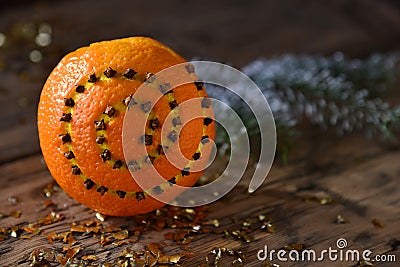 Christmas Food Decoration, Orange, Cloves, Fir Branch, Glitter Stock Photo