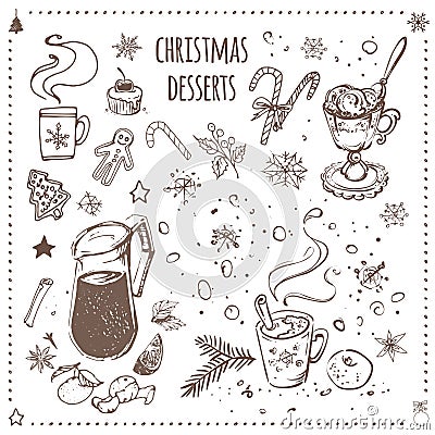 Christmas food and desserts set. Hand drawn icons Vector Illustration