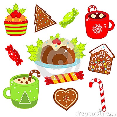 Christmas food and drink. Gingerbread cookies, candy cane, sweets and other. Colorful stickers, icons for New Year menu and other Vector Illustration
