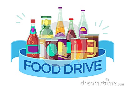 Christmas food drive. Canned soup and drinks, gift homeless vector concept Vector Illustration