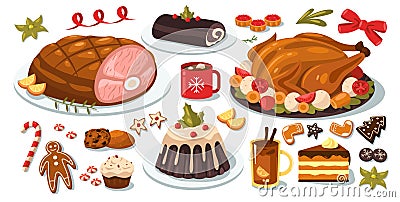 Christmas food set. Cartoon traditional christmas dinner with roasted turkey, baked sweet pies and desserts, turkey Vector Illustration