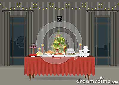 Christmas food on the table Decorating with Christmas tree. Vector Illustration