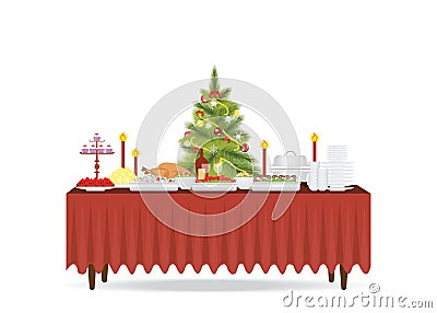 Christmas food on the table Decorating with Christmas tree Vector Illustration