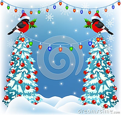 Christmas forest and bullfinches with lantern garland Vector Illustration