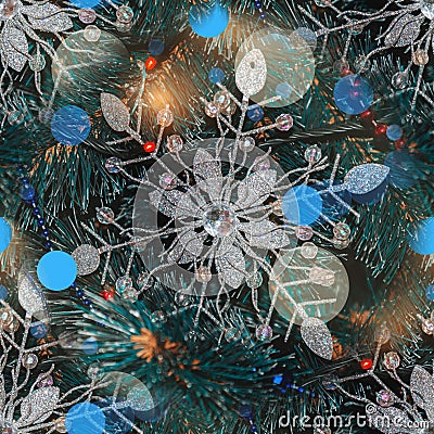 Christmas fragment-decoration of Christmas decorations and festive rooms. Festive decoration of the room. Seamless texture Stock Photo