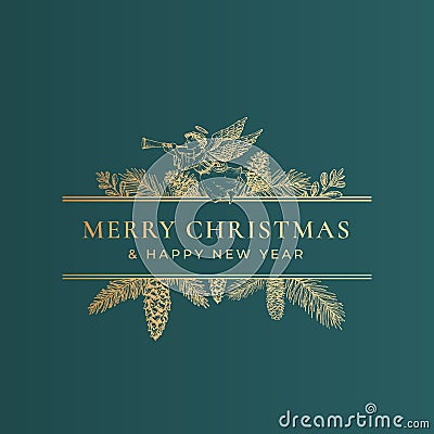 Christmas Frame Banner with Vintage Typography and Hand Drawn Holiday Illustrations. Merry Christmas Greeting Card or Vector Illustration