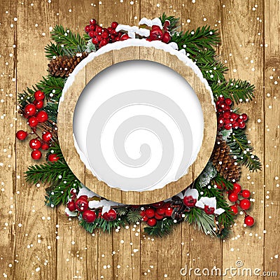 Christmas frame with decorations on a wooden Stock Photo