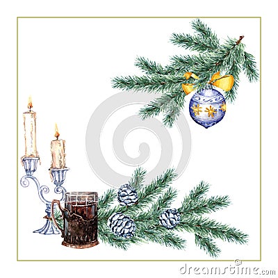 Christmas frame fir branches, glass layer, Christmas tree toy, fluffy Christmas tree, glass, candles, candlestick. Cartoon Illustration