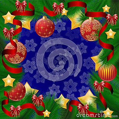 Christmas frame. Fir wreath, decorations, balloons, ribbons. Vector Illustration