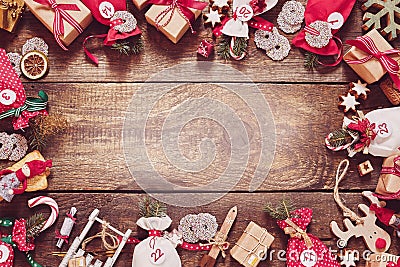 Christmas frame with gifts, candy and handicrafts Stock Photo