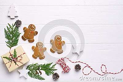 Christmas frame with gingerbread cookies, Christmas tree, pine cones, toys. Copy space for text. winter holidays. Stock Photo