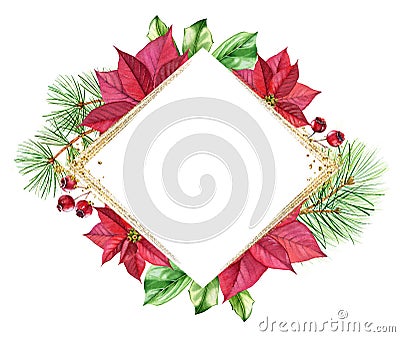 Christmas frame with golden glitter. Rhomb template with red poinsettia flower, pine tree, place for text and sparkling Cartoon Illustration