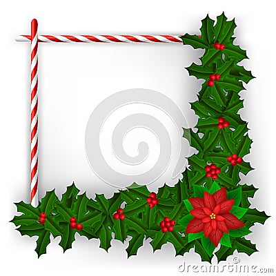 Christmas frame with holly branch and candy Vector Illustration