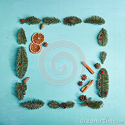 Christmas Frame made of Natural Fir Branch Stock Photo