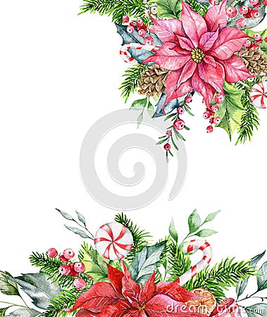 Christmas Frame with Poinsettia, Greenery and Sweets Hand Painted Watercolor Illustration, Floral Frames Watercolor Stock Photo