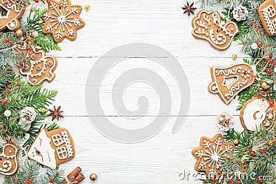 Christmas frame with rustic ornaments and Gingerbread cookies on Stock Photo