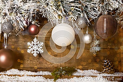 Christmas Frame from Snowy Xmas tree branches and Wooden Calendar Stock Photo