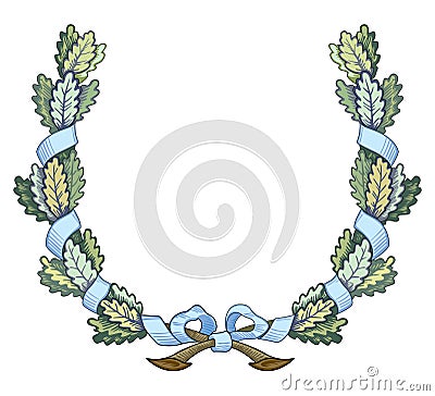 Christmas frame wreath with ribbon and bow green leaves Vector Illustration