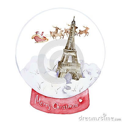 Christmas France glass ball. Eiffel tower in a glass ball, reindeer team with santa claus is flying. Made in watercolor Stock Photo