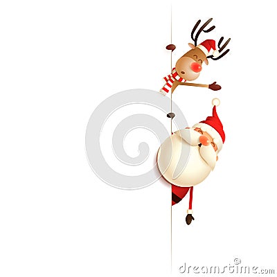 Christmas friends Santa Claus and Reindeer on left side of board - isolated on white background Vector Illustration