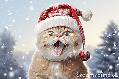 Christmas funny cat wearing a red Santa hat, surrounded by snowflakes, Christmas tree branch and berry branch Stock Photo