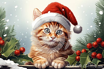 Christmas funny cat wearing a red Santa hat, surrounded by snowflakes, Christmas tree branch and berry branch Stock Photo