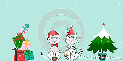 Christmas funny cats with gift and tree. Merry Christmas and happy new year cute card design Vector Illustration