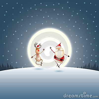 Christmas funny poster - Happy expresion of Santa Claus and Reindeer - moonlight winter landscape Vector Illustration