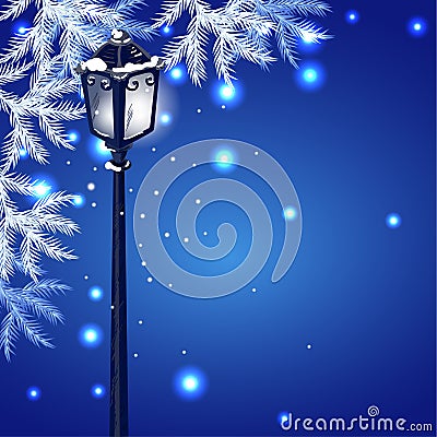 Christmas fur tree and vintage streetlamp Vector Illustration