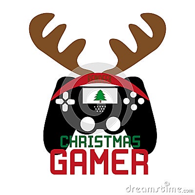 Christmas gamer- text and cute controller, with reindeer antler. Vector Illustration