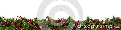 Christmas Garland Border with Red Berries Over White Stock Photo