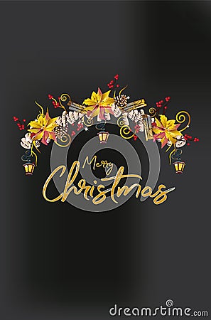 Christmas garland with decorations from Christmas tree branches, lanterns, candles, red and white ribbons, flowers. Vector Illustration