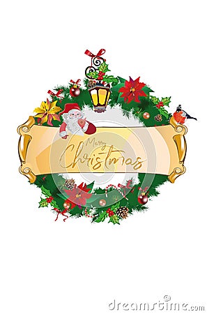 Christmas garland with decorations from Christmas tree branches, lanterns, candles, red and white ribbons, flowers. Vector Illustration