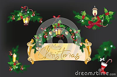 Christmas garland with decorations from Christmas tree branches, lanterns, candles, red and white ribbons, flowers. Vector Illustration