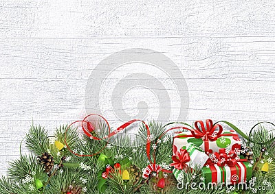 Christmas garland with gifts and firtree on vintage wood Stock Photo