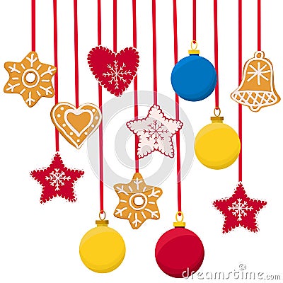 Christmas garland of homemade holiday cookies, Christmas tree toys and soft toys in the form of hearts and stars Stock Photo