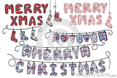 Christmas garland of knitted letters,flags,socks Vector Illustration