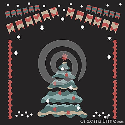 Christmas garland, Christmas tree, snow, Christmas balls, socks and other items Cartoon Illustration