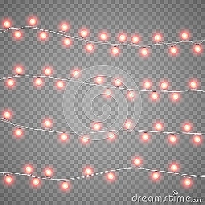 Christmas garlands isolation on transparent background. Xmas realistic overlay lights card. Holidays decorations bright Vector Illustration